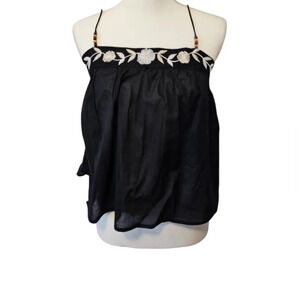 Love Notes Floral Embroidered Tie Back Black Top Women's Size Large NWOT